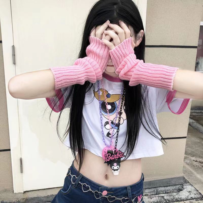 Y2K Lolita Fingerless Gloves Arm Warmers Gothic Women Knitted Kawaii White Hand Work Gloves Anime Co