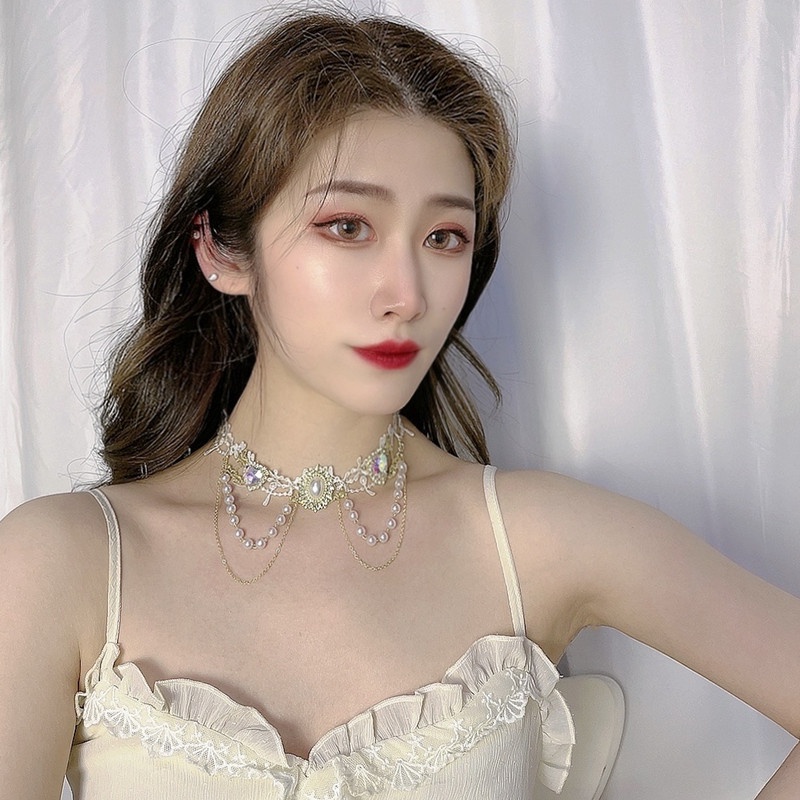 Kalung Choker Rantai Banyak Lapis Dengan Liontin Hati + Mutiara Gaya Korea Untuk Wanita