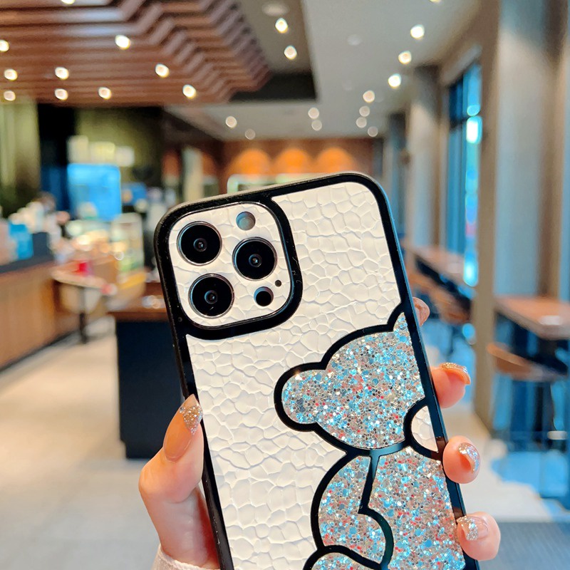 IPHONE Casing Hp Keras Beruang Pelindung Layar Penuh Bahan Kulit Berkilau Untuk Iphone 14Plus 14+ IP X Xr Xs Max Casing Iphone 11 12 13 14 Pro Max Handphone Cover Shock Resistant