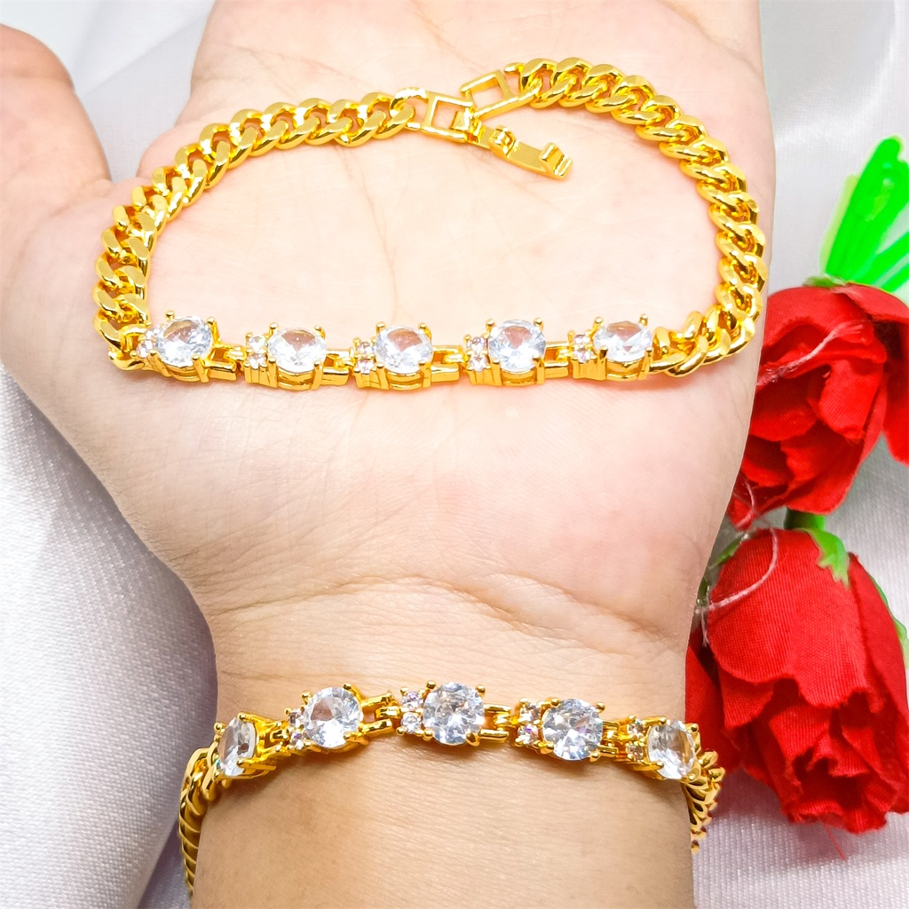 Gelang Tangan Rantai Gold Aksen Batu Zircon Gaya Retro Eropa Untuk Wanita perhiasan lapis Emas 24k bangle