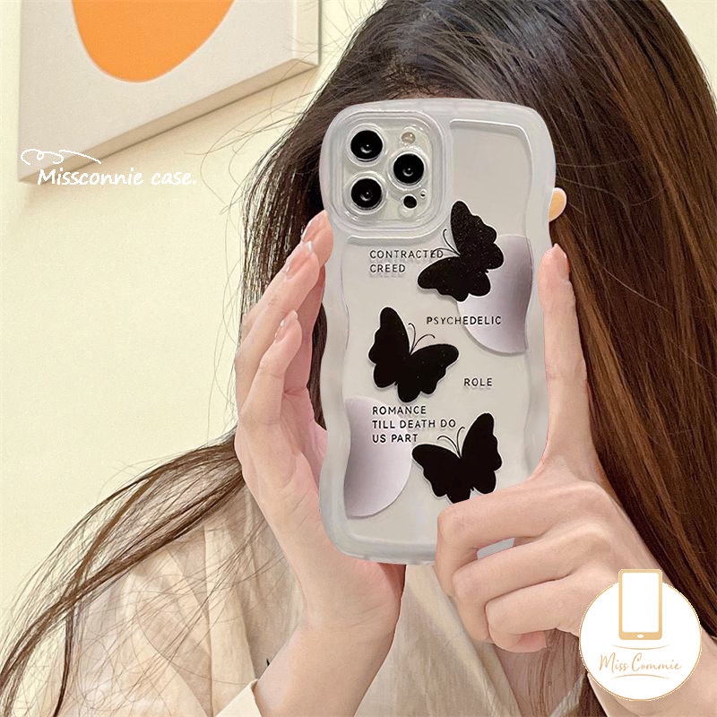 Casing Cute Three Black Butterfly Redmi Note11 Pro+9Pro 9s 11s 10s Note 10 Pro Max Plus Note9 Note8 Redmi 12C A1 A1+9T 10A 9 10 10C 9A 9C NFC Mi 11T Wavy Edge Cute Soft Cover