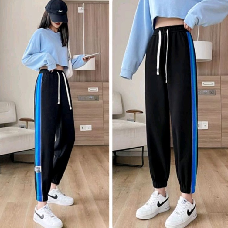 9626 Celana panjang Jogger pants santai hitam abu putih ala Korea Korean style wanita premium import