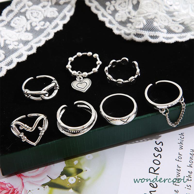 7Pcs/Set Perhiasan Cincin Rantai Cinta Fashion Korea Vintage Adjustable Gaya Untuk Wanita-Won