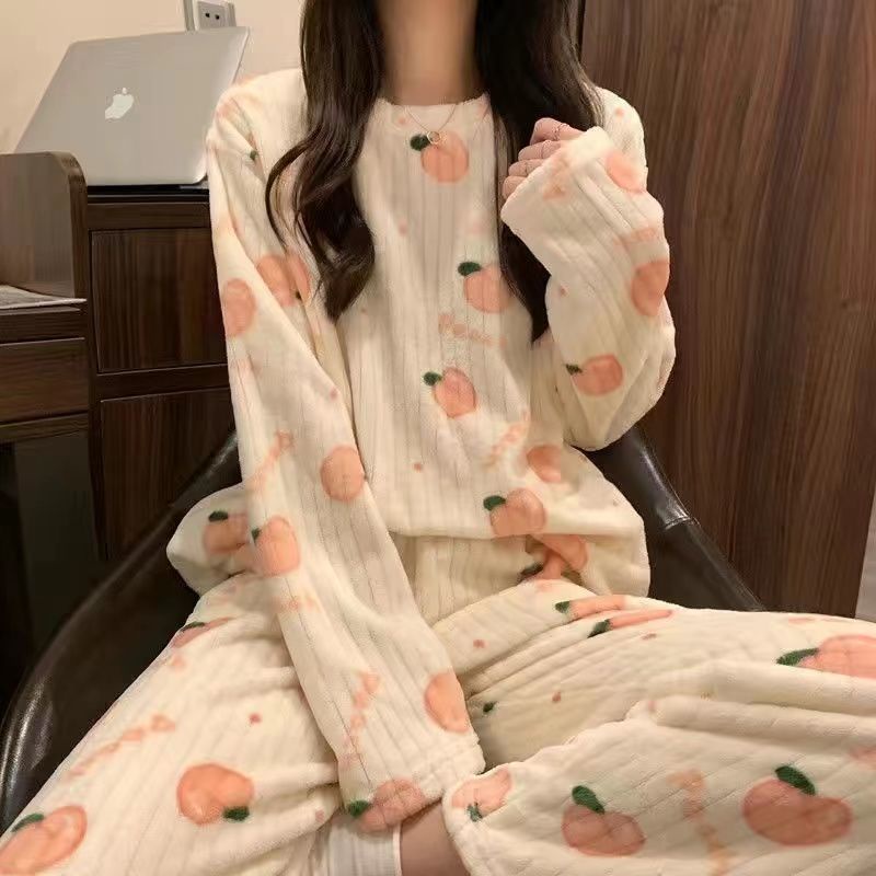 Suhao One Piece/set Lucu dan Manis Musim Gugur dan Musim Dingin Piyama Pakaian Luar Wanita Bulu Karang Hangat Menebal Lengan Panjang rumah Pakaian Set