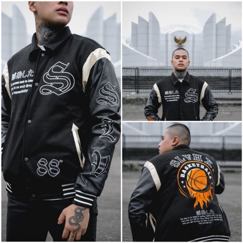 Livingspace | Varsity Basketball Leather Hitam Premium Pria Salviohexia Varsity Baseball Jacket Vint