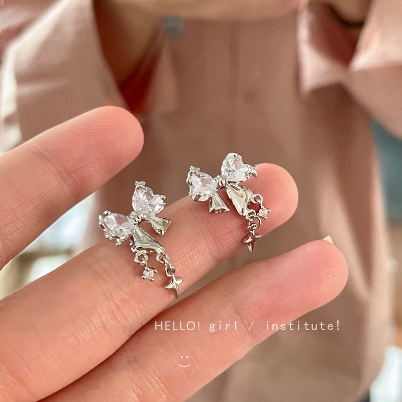 Anting Tusuk Kristal Silver Korea Lucu Bow Earring Untuk Aksesoris Perhiasan Wanita