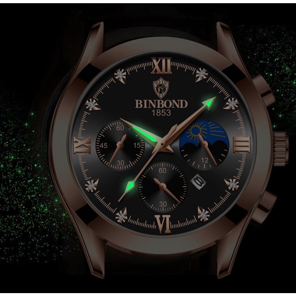 Jam Tangan Pria Kulit dan Stainless Impor Binbond B3591 Original Tahan Air Fashion Business Auto Date Analog