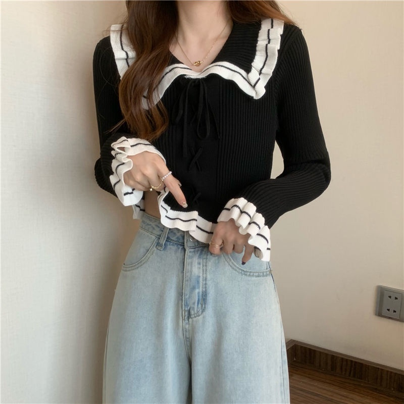 YIU YIU Rajut - Sweater Rajut Import Korea Atasan Casual Lengan Panjang Rajut Kantor Crop Top Long Sleeve