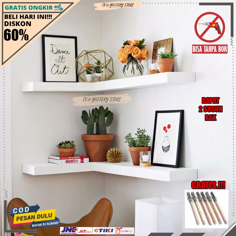 Papan Rak Hambalan Ambalan Hiasan Melayang Sudut Siku Gantung  Floating Shelves L Layang Tempat penyimpanan Bumbu Dapur Buku Bunga make up Makeup Dekorasi Dinding Dingding Tembok Tempel Ruang Tamu Kamar Tidur Kayu Susun Serbaguna Minimalis Tanpa Bor Murah