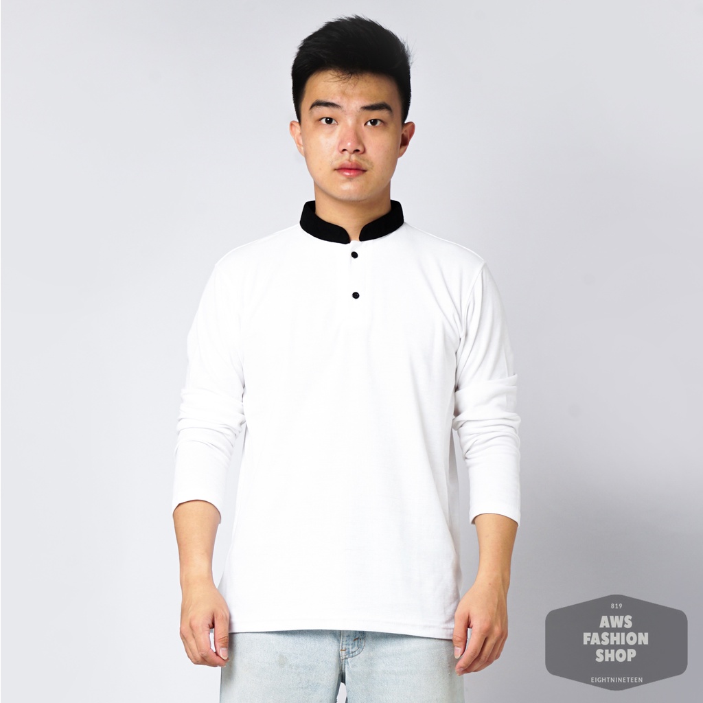 819 Kaos Polo Pria Polo Shirt Pria Kerah Shanghai Lengan Panjang Warna Putih Kancing Hitam Casual Tersedia Ready Sampai Size JUMBO BIG SIZE XXL XXXL