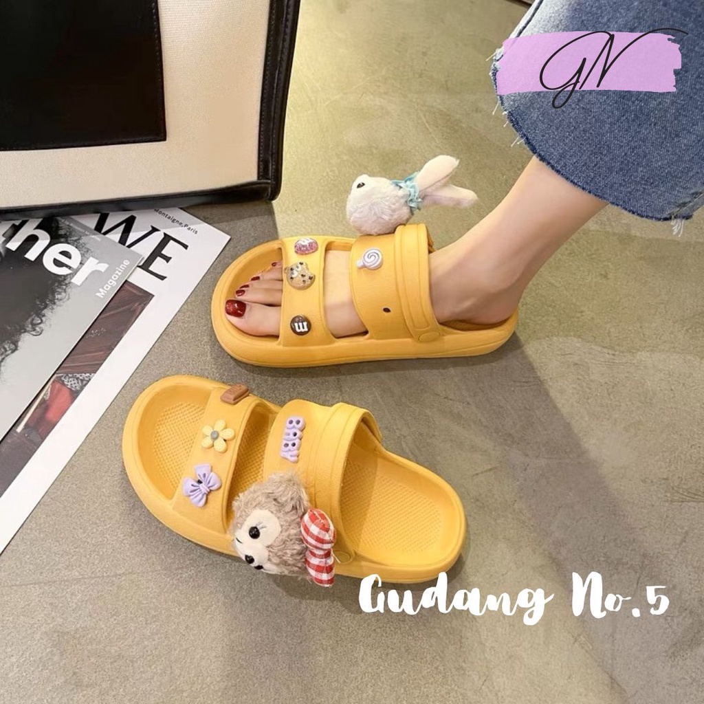 GN-9100-1 &amp; 2 Sandal Selop EVA Rubber Wanita Dengan Jibbitz Motif Cartoon Tali Dua Import
