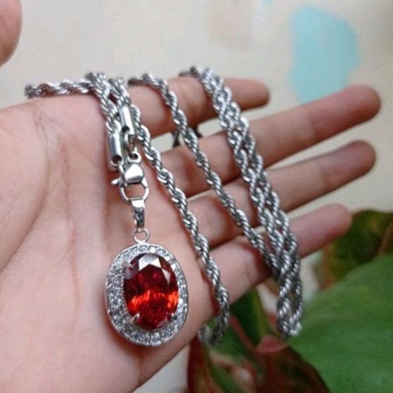 kalung liontin batu permata merah siam cutting diamond ring titanium