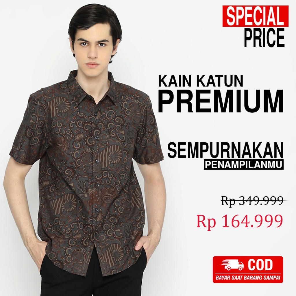 BAJU BATIK PRIA Kemeja Lengan Pendek Slimfit Premium Motif Balian Abu Abu Gray Grey 728208 Cap 72 - Baju Kemeja Atasan Pakaian Setelan Batik Pria Cowok Laki Laki Remaja Keluarga Kantor Lengan Pendek Modern Slimfit Slim Fit Premium Kekinian