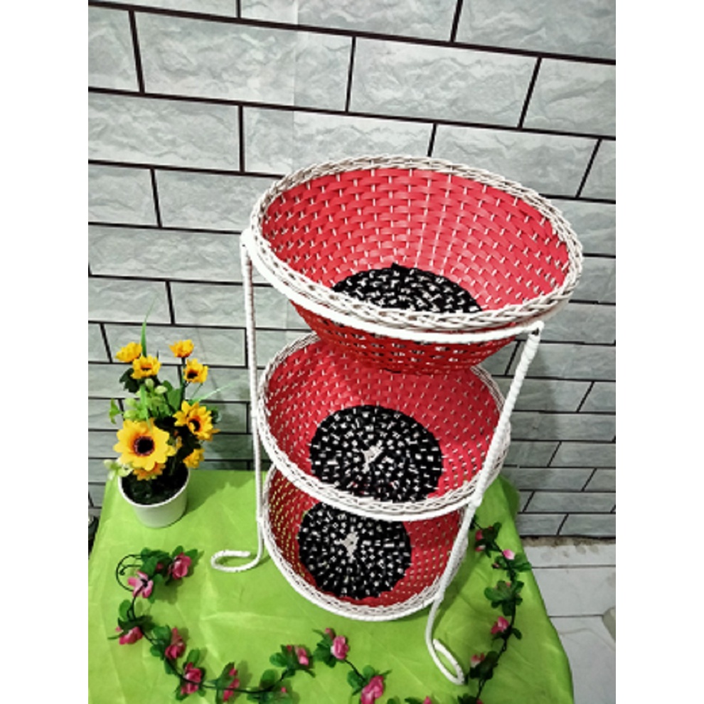 Premium Rak Bawang 3 Susun Oval Rotan Sintetis Kerangka Besi Rak Bumbu Dapur Rotan Keranjang