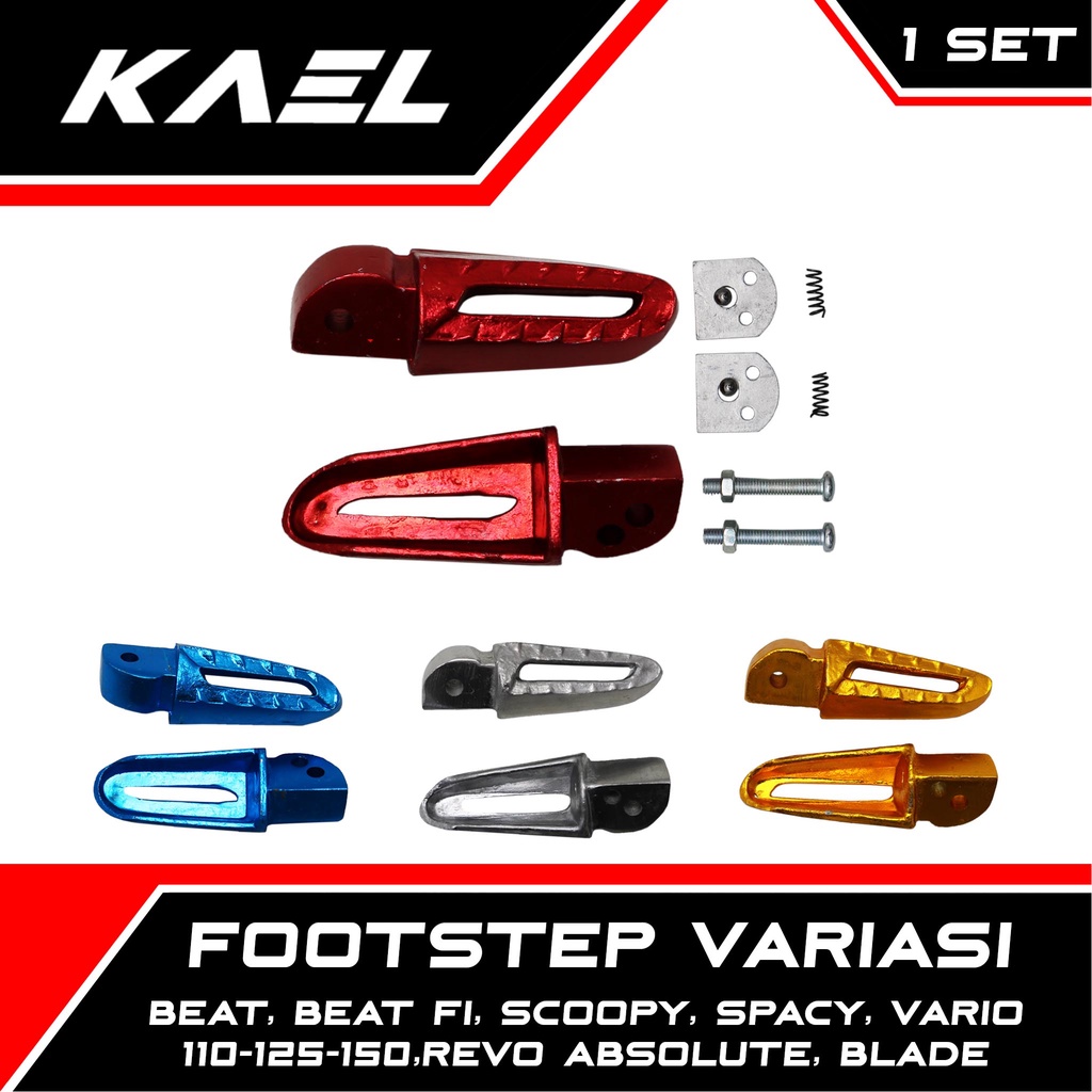 Footstep Belakang Alumunium Variasi Honda Beat FI-F1/Scoopy/Spacy/Vario 110-125-150/Revo-Absolute/Blade Foot Step Pijakan-Kaki Warna Merah-Silver-Biru-Gold-Emas