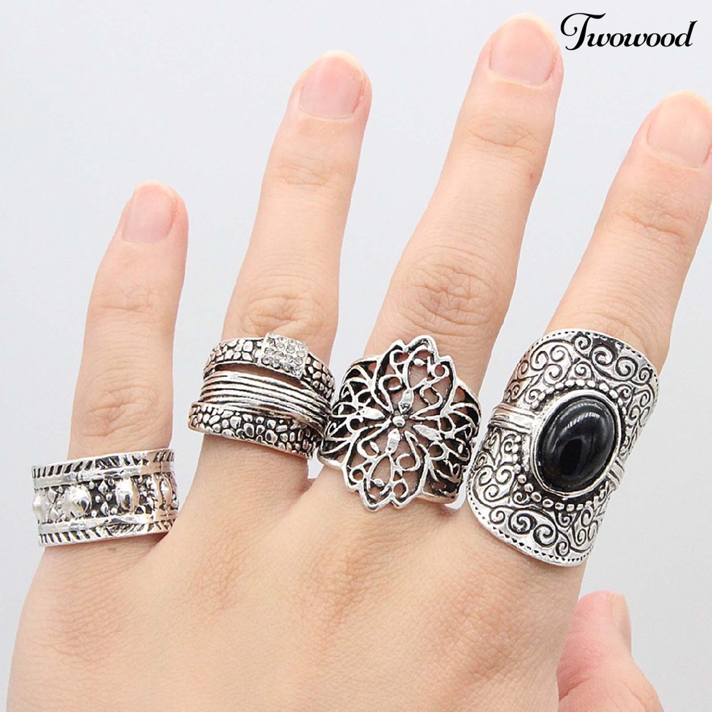 4pcs / Set Cincin Knuckle Bahan Alloy Motif Ukir Hollow Gaya Etnik Untuk Unisex