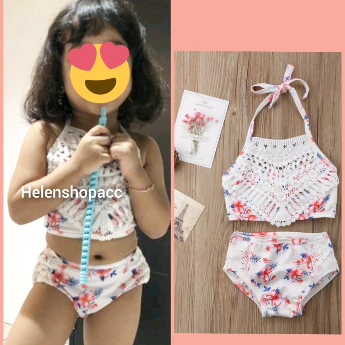 Bikini Renang Anak 1Thn-5Thn Putih Bunga Satin Swimsuit Import