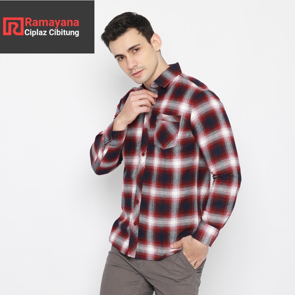 Platini Kemeja Flanel Pria Lengan Panjang Katun Merah 76159 / Ramayana Cibitung