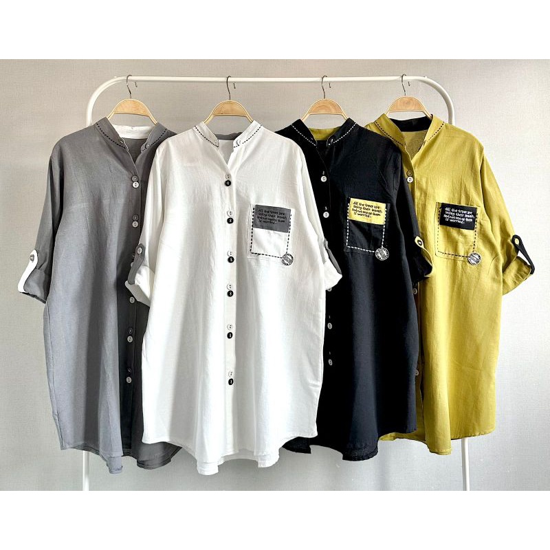 Tunik Kemeja Katun Linen Import Polos Kerah Shanghai Keren LuBaNa#6526