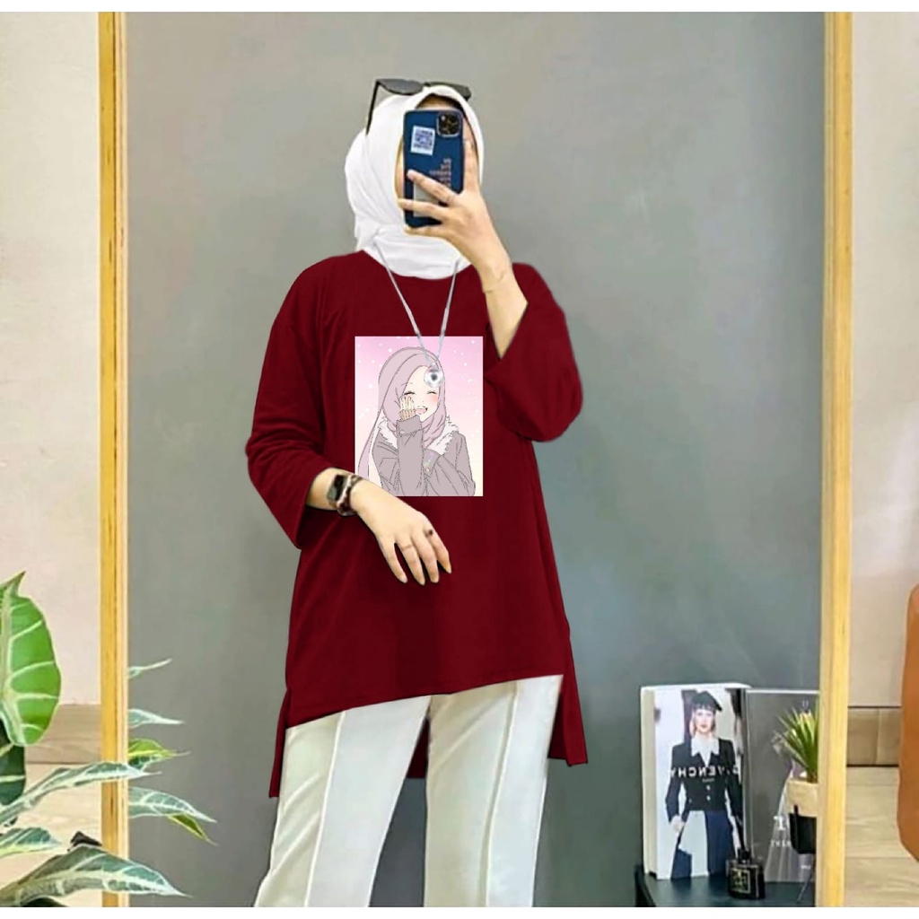 KIYOWO-Baju Atasan Blouse Tunik Hijab Fashion Motif DTF Lengan Panjang Pria