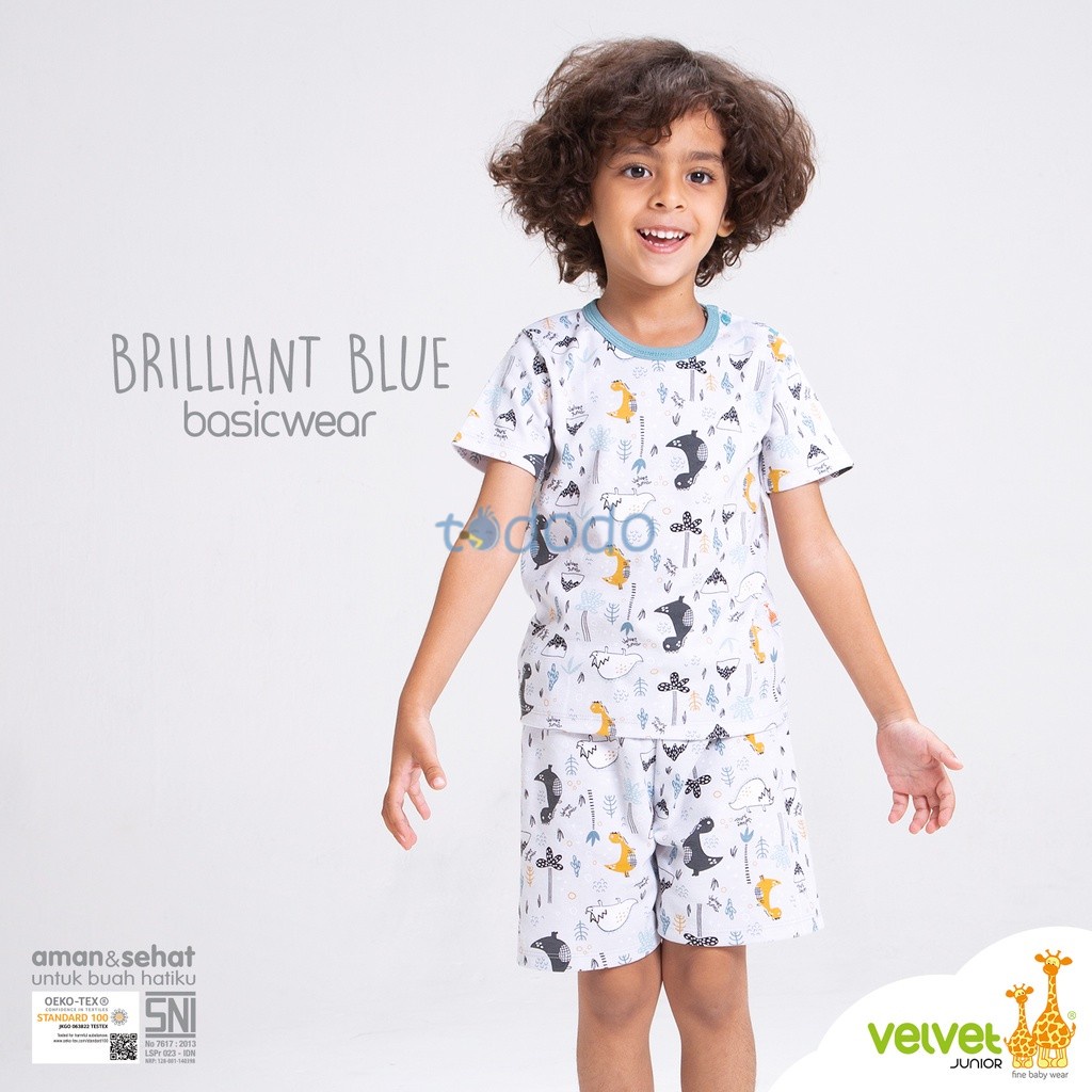 Baju Bayi Setelan Oblong Anak Kancing Pundak Lengan Pendek Celana Pendek Velvet Junior Basicwear Brilliant Blue 1pcs