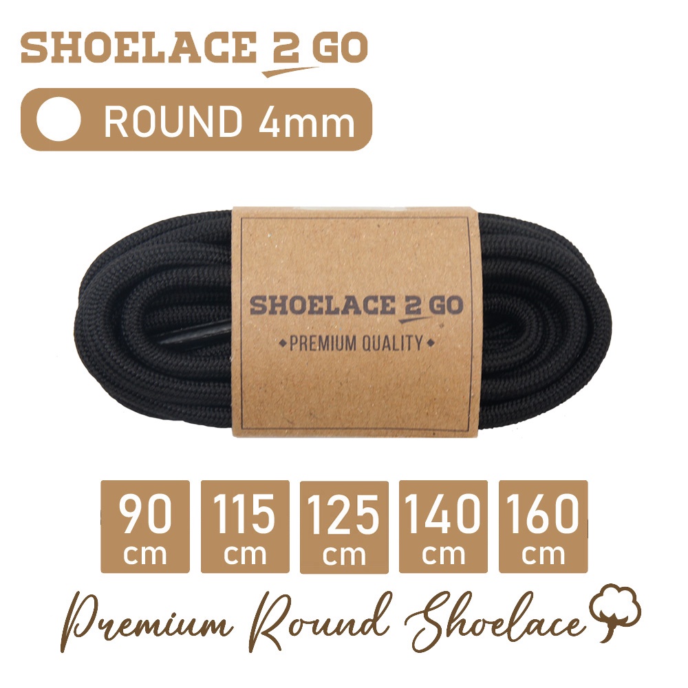 SHOELACE 2 GO PREMIUM TALI SEPATU BULAT ROUND - SR4 - B1 - BLACK - 4MM