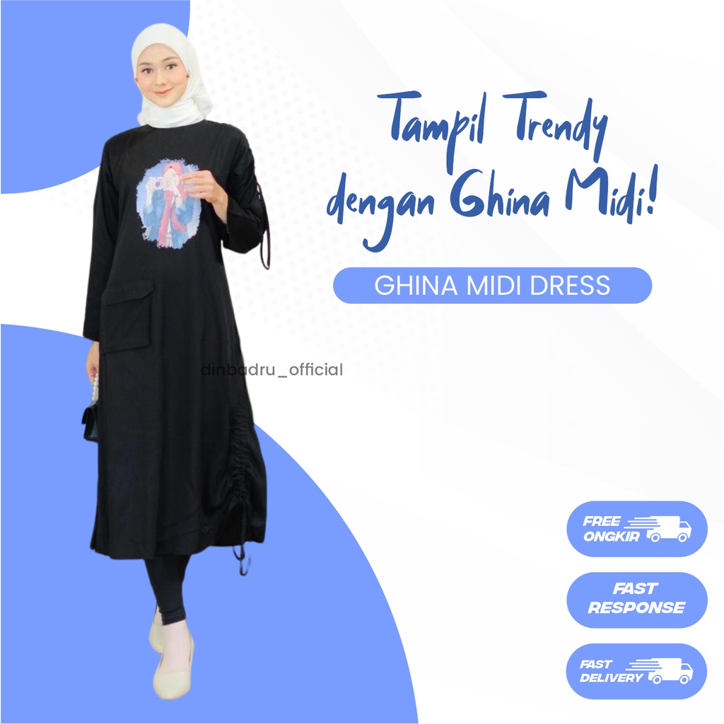 Ghina Midi Dress Gamis Serut Baju Muslim Wanita Fashion Muslimah Terbaru By Dinbadru_official