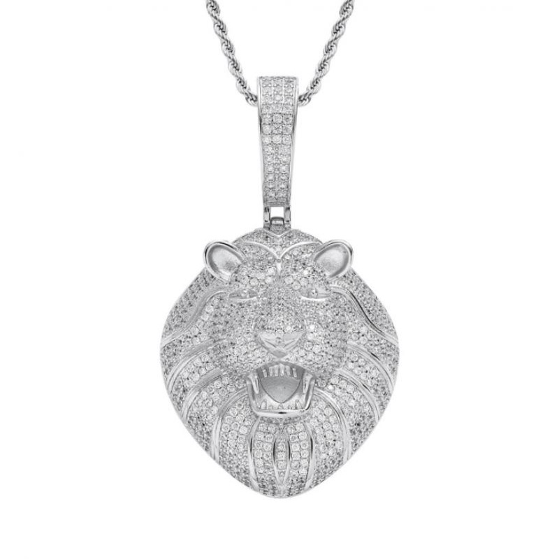 Kalung Liontin Kepala Singa Bahan Metal Aksen Zircon Untuk Pria