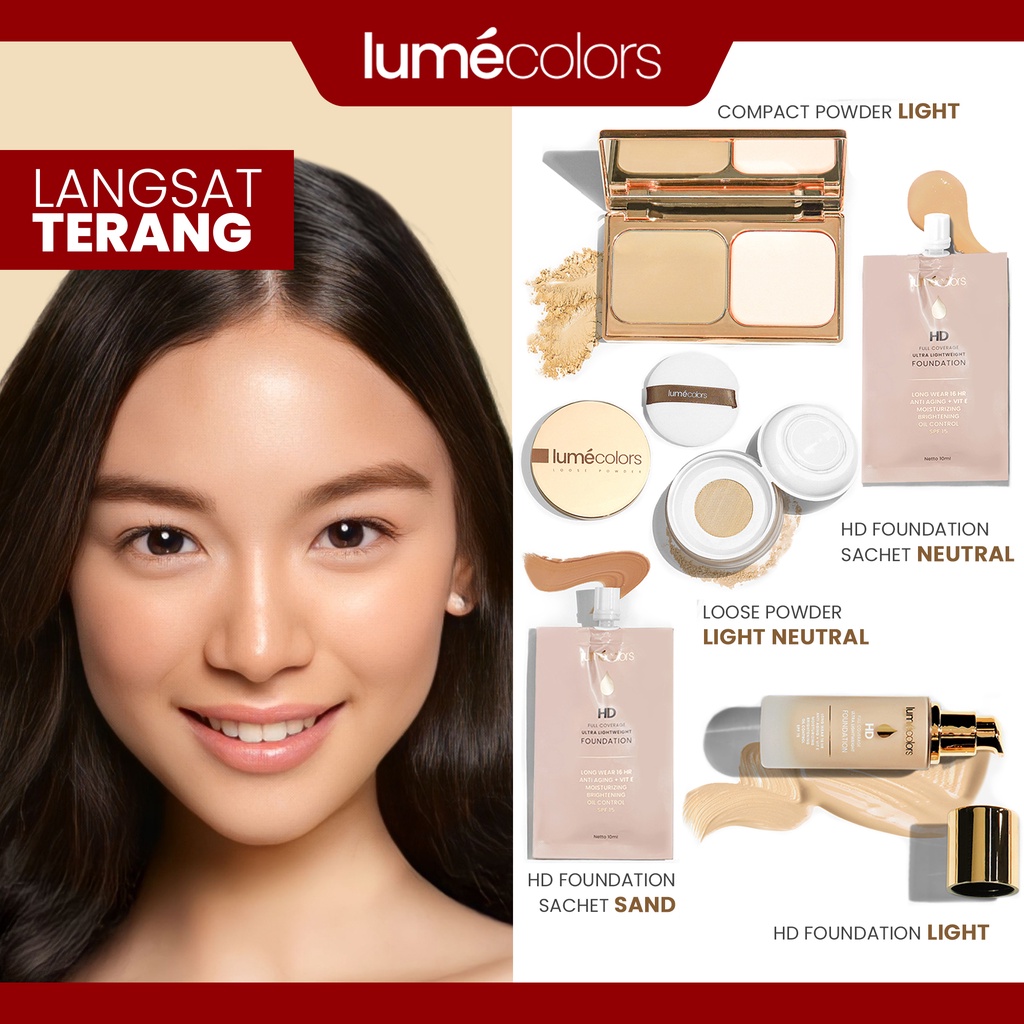 (Free Emas 24K) Lumecolors Paket Bundling Lengkap 5in1 Perfect Complexion Foundation + Compact Powder + Loose Powder + 2x Sachet untuk 5 tone wajah kulit BPOM Tahan Lama