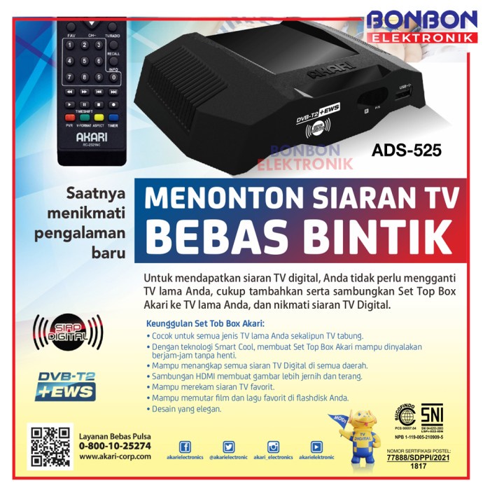 Akari Set Top Box Ads-525 Digital Tv Receiver Stb Dvb-T2 + Ews Ads525