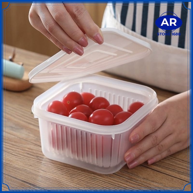 Tempat Penyimpanan Cabai Bawang Dengan Saringan SEGI 4 Pengering Sayuran Saringan Serbaguna Kotak Tiris Buah Kulkas Multifungsi-[AR STORE1688]