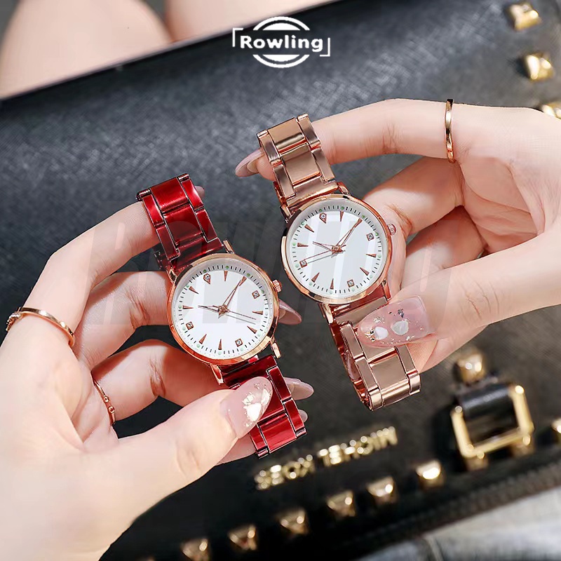 Rowling ( Jam-76) Jam Tangan Quartz Luminous Strap Stainless Steel Warna Silver Casual Fashion Untuk Wanita Import