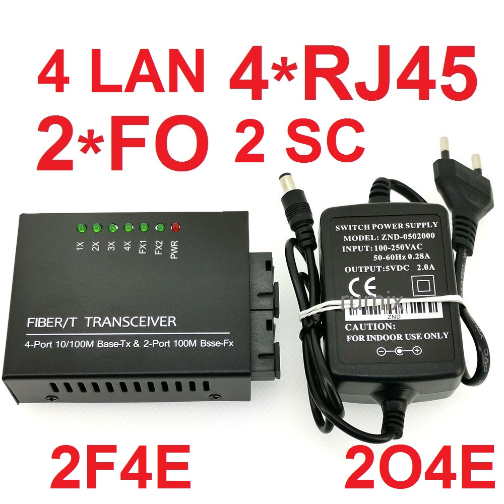 Media Converter Fiber Ethernet Switch 2F4E Optik 2 SC 4 RJ45 Fiber Transceiver RJ45 2O4E dengan Adapter