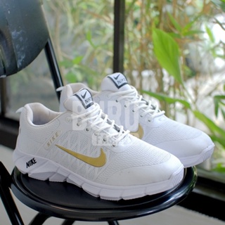 Sepatu sneakers putih pria wanita NK logo Emas olahraga putih Jogging santai senam NK ZOOM