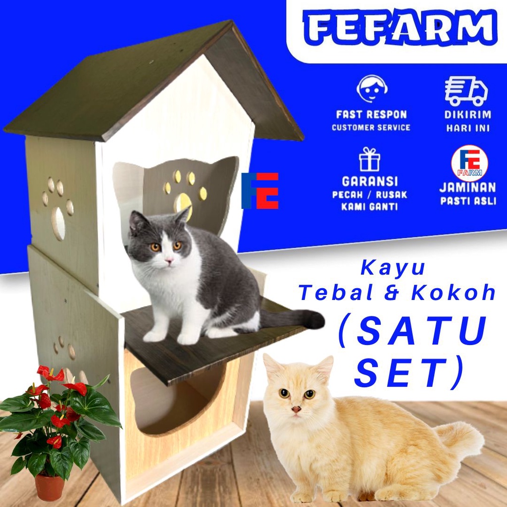 Rumah Tingkat Kucing Kandang Tempat Tidur Premium Quality Tebal BESAR Dan Kokoh Satu Set FEFARM