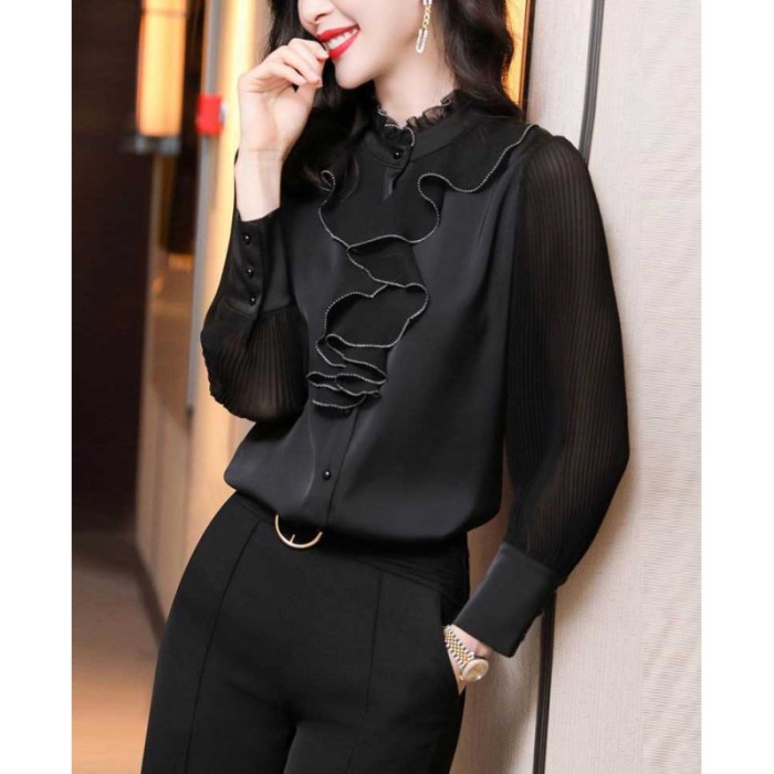 Kemeja wanita hitam model pita cantik dikerah katun sifon Korea lengan