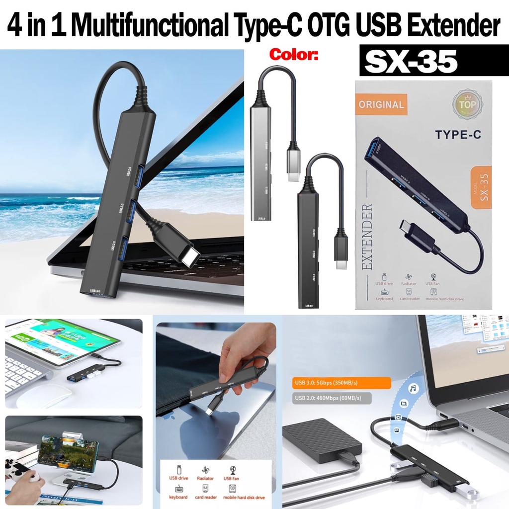 Adapter Type C Konektor USB HUB dengan 4 Port USB Multifungsi / Adaptor USB HUB X-35