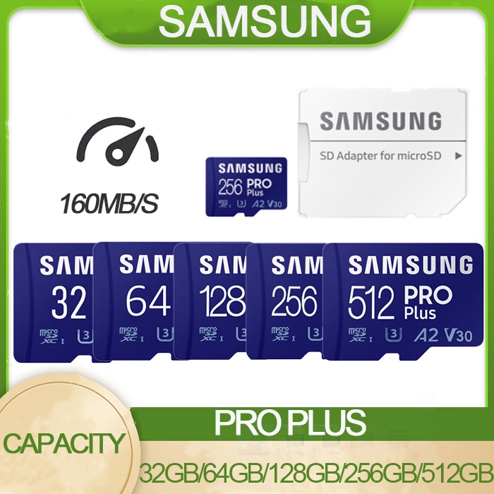 Kartu Memori Samsung PRO PLUS Micro SD Card Transfer higga 160MB/S Class 10  U3 A2 V30 4K Memory Card 32GB/64GB/128GB/256GB/512GB  SD TF Card FREE Adapter