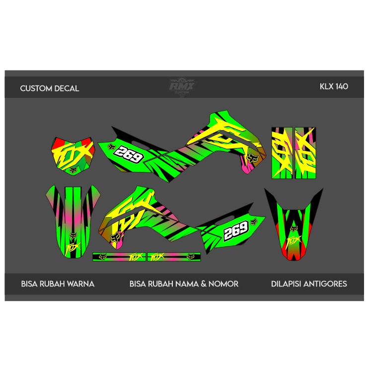 DECAL STICKER KLX 140 (001) DEKAL STIKER FULLBODY HITAM MERAH, KUNING, HIJAU, BIRU TUA/MUDA, EMAS/GO
