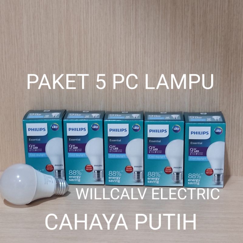 PAKET 5 PC LAMPU PHILIPS LED ESSENTIAL 3W, 5W, 7W, 9W CAHAYA PUTIH