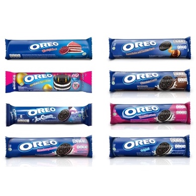 

Oreo biskuit rasa birthday sprinkles, blue berry ice cream, strawberry creme, chocolate creme, double stuff, original, red velvet, peanut butter and chocolate kemasan 119 gram