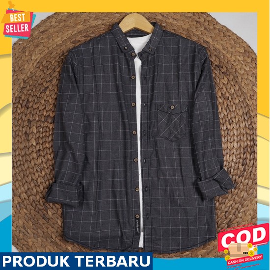 Kemeja Baju Pria Atasan Cowo Distro Motif Kotak Bahan Katun Print Lengan Panjang Ukuran Jumbo Big Si