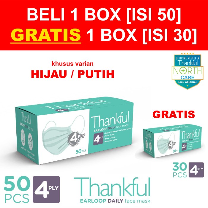 masker thankful / Daily mask / Thankful Daily mask 4 ply 50 pcs - Putih 50+30