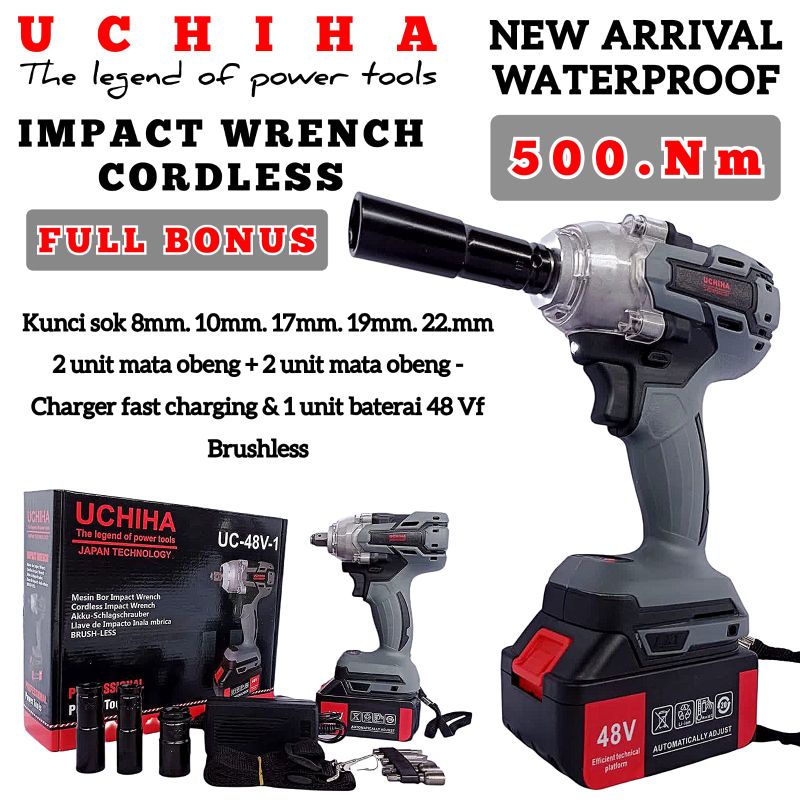 Impact Wrench Mesin Bor Pembuka Baut  Roda Mobil Motor 48v 1batrai kardus 500nm UCHIHA Baterai Cordl