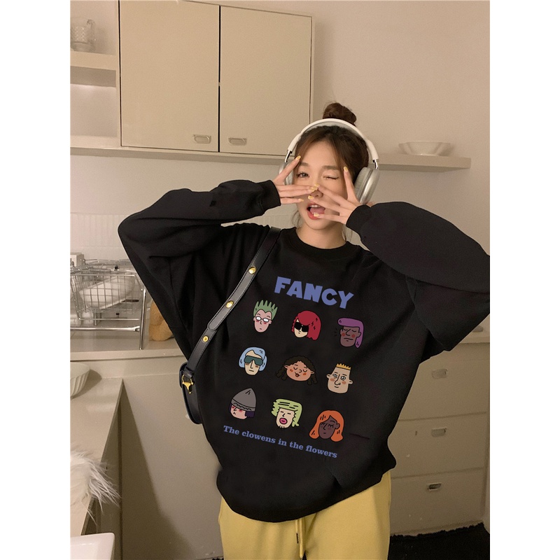 EUNII Sweater Lengan Panjang Retro Cartoon Hip Hop boy Korean Style/Hoodie Oversize/Baju Wanita/Switer Wanita