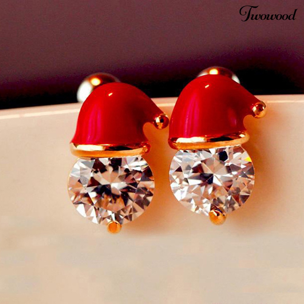 Anting Stud Desain Topi Natal Aksen Berlian Imitasi Bahan Alloy Untuk Wanita