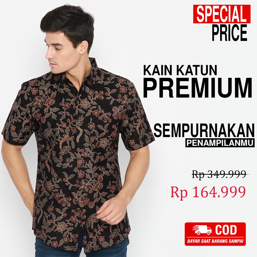 KEMEJA BATIK PRIA Lengan Pendek Slimfit Motif Kembang Warna Hitam Abu Grey Gray 721097 Cap 72 - Baju Kemeja Atasan Pakaian Setelan Batik Pria Cowok Laki Laki Remaja Keluarga Kantor Lengan Pendek Modern Slimfit Slim Fit Premium Kekinian