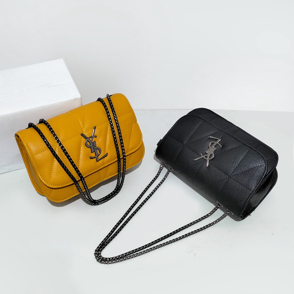 Tas selempang wanita kulit sintetis polos tas pesta wanita kekinian shoulder bag tali rantai hitam terbaru