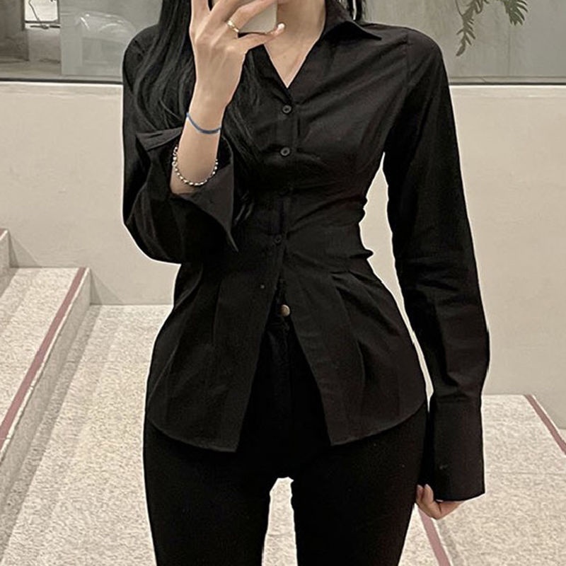 Red BIIKPIIK niche design waist white shirt female slim all-match commuter shirt lapel casual top