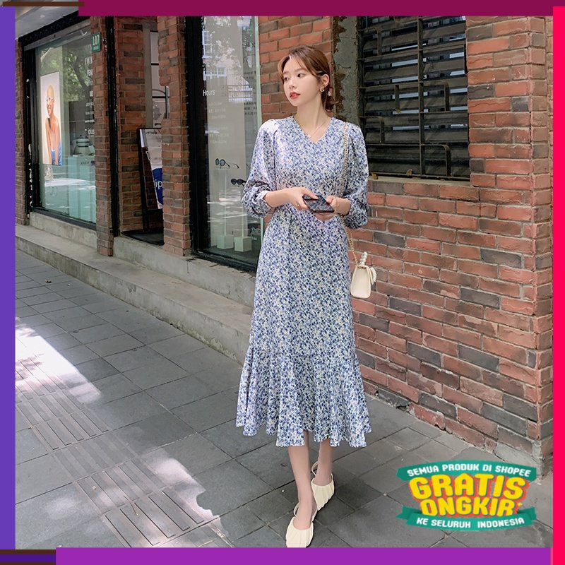 DISKON GEDE AKHIR TAHUN [po 15 hari] AIMEI Biru fishtail floral dress wanita baru Perancis lengan pa